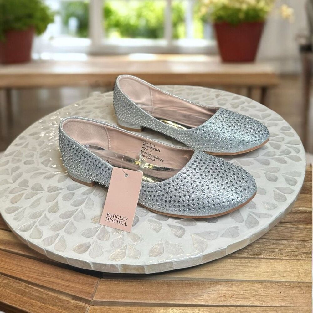 Badgley Mischka Girls Rhinestone Ballet Flats Silver Wedding Flower Girl Shoes S